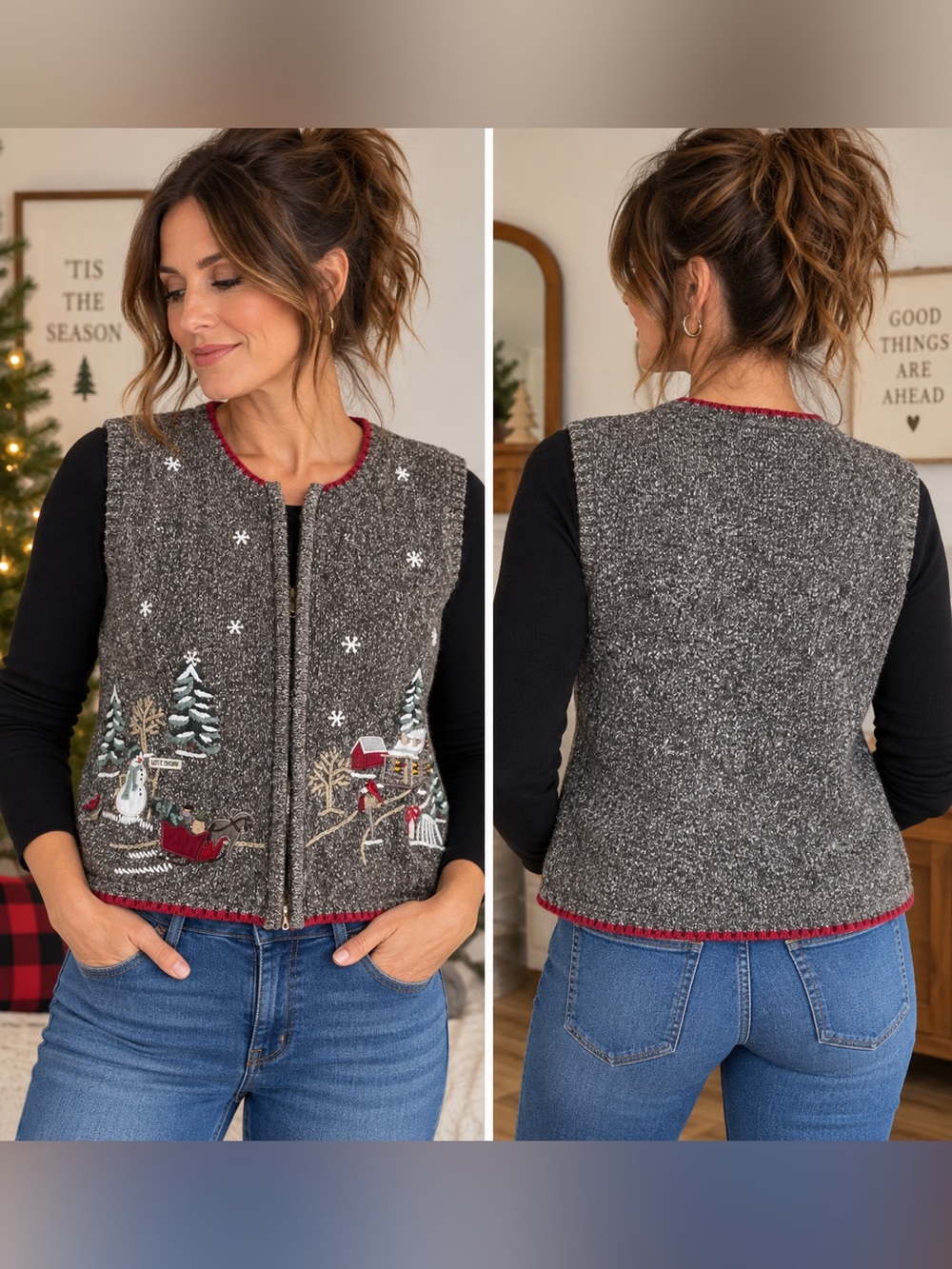 Vintage Northern Reflections Christmas Sweater Vest Ski Lodge Snowman L